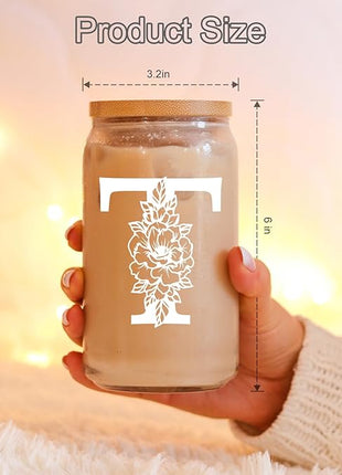 Coolife Initial Glass Cup, Monogrammed Gifts for Women, 16 oz Glass Cups w/Lids Straws, Iced Coffee Smoothie Beer Tumbler w/Straw Lid - Personalized Christmas, Birthday Gifts for Her Mom Friend Woman