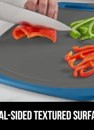 GORILLA GRIP BPA-Free Reversible Kitchen Cutting Board Set of 3, US Designed, Nonporous, Juice Grooves Catch Liquid, Slip Resistant Border, Dishwasher Safe, Durable Food Chopping Boards, Blue Gray