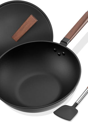 Carbon Steel Wok, 13-Inch, Pre-Seasoned, Non-Stick, with Lid and Spatula, Flat Bottom, Ideal for Stovetop Cooking