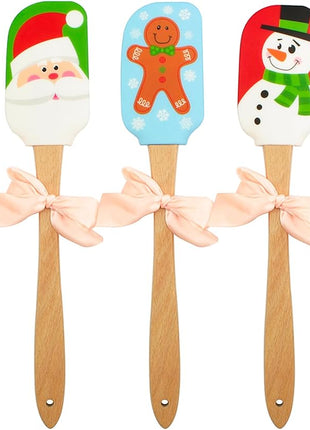Silicone Spatula, Caliamary 3 Pieces Kitchen Silicone Spatula Set, Christmas Cake Decorating Spatula with Wooden Handle, Snowman Gingerbread Man and Santa Claus Pattern (Snowman)