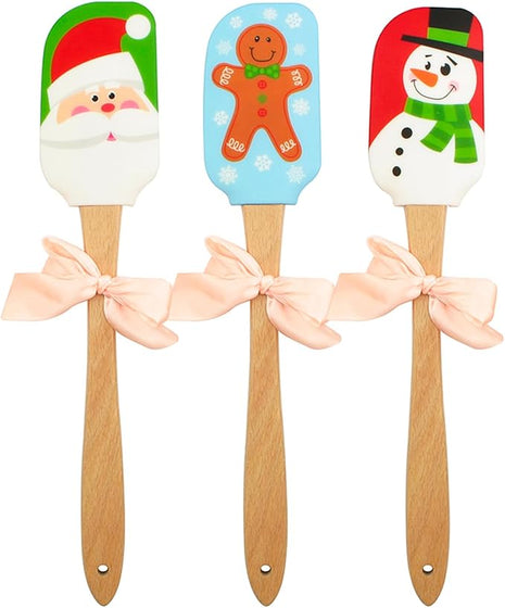 Silicone Spatula, Caliamary 3 Pieces Kitchen Silicone Spatula Set, Christmas Cake Decorating Spatula with Wooden Handle, Snowman Gingerbread Man and Santa Claus Pattern (Snowman)