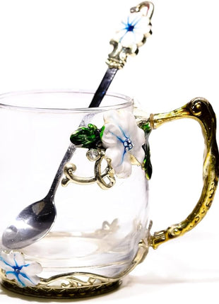 Handicraft Crystal Glass 3D Flower Cups Tea Mug With Tea Spoon Women Coffee, Tea, Juice, Beer, Milk Hot And Cold Drinks Use Gift Package. (Short Blue)
