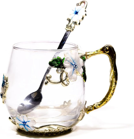 Handicraft Crystal Glass 3D Flower Cups Tea Mug With Tea Spoon Women Coffee, Tea, Juice, Beer, Milk Hot And Cold Drinks Use Gift Package. (Short Blue)