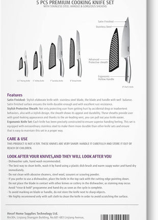 hecef Silver Kitchen knife set of 5, Satin Finish Blade with Hollow Handle, includes 8" Chef, 8" Bread, 8" Santoku, 5" Utility and 3.5" paring knife