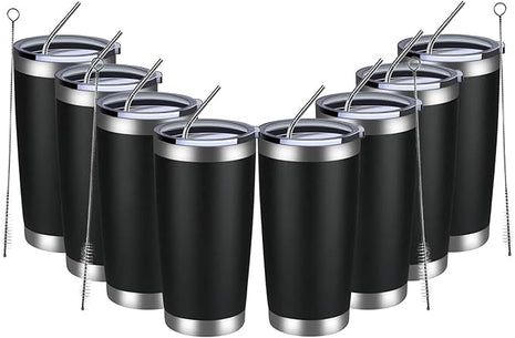 MEWAY 20oz Tumbler 8 Pack Double Wall Vacuum Insulated Travel Mug Bulk, Stainless Steel Tumblers with Lid and Straw, Durable Powder Coated Coffee Cups for Cold & Hot Drinks (Black, 8)