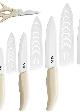 Vos Ceramic Knife Set in Elegant Gift Box, Ceramic Knives Set For Kitchen, Ultra Sharp Kitchen Knife Set & Covers, 3" 4" 5" 6" Paring, Santoku, utlity & Chef Knife, Scissors included (Off-White)
