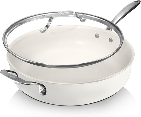 Gotham Steel 5.5 Qt Saute Pan with Lid - Nonstick Deep Frying Pan, 100% PFOA Free Ceramic, Dishwasher Safe, Cream White