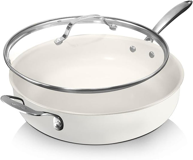 Gotham Steel 5.5 Qt Saute Pan with Lid - Nonstick Deep Frying Pan, 100% PFOA Free Ceramic, Dishwasher Safe, Cream White
