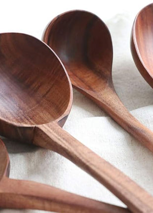 FJNATINH Wooden Soup Ladle Set, Kitchen Spoon Set Utensils, 4 Pcs Handmade Natural Teak Cooking Spoons, Long Handle Wooden Soup Ladle Spoon