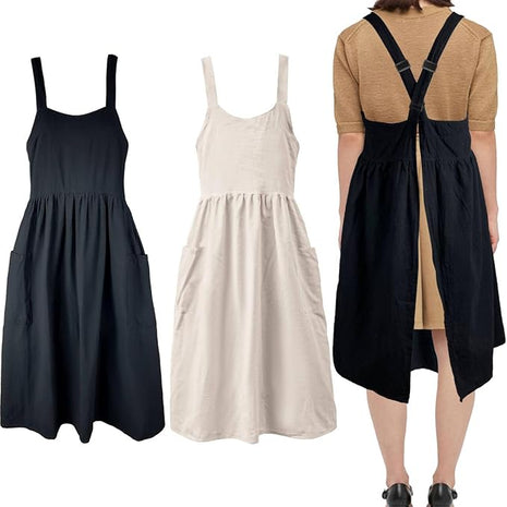 Uaussi Cotton Linen Apron Cross Back Work Apron for Women with Pockets Pinafore Dress X Cross Halter Apron for Chef Gardening