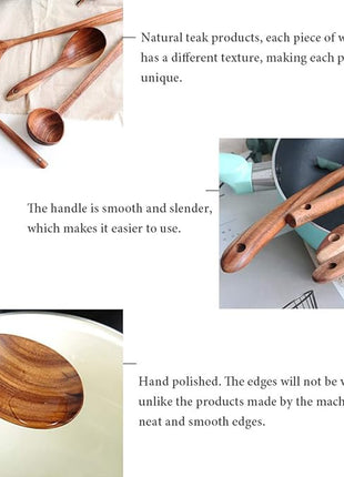 FJNATINH Wooden Soup Ladle Set, Kitchen Spoon Set Utensils, 4 Pcs Handmade Natural Teak Cooking Spoons, Long Handle Wooden Soup Ladle Spoon