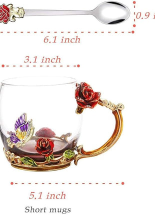 Handicraft Crystal Glass 3D Flower Cups Tea Mug With Tea Spoon Women Coffee, Tea, Juice, Beer, Milk Hot And Cold Drinks Use Gift Package. (Rose Red Coffee Cup, 11 OZ)