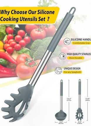 Silicone Pasta Fork and Ladle Spoon Set, Large Non Stick Kitchen Utensils for Cooking,Stirring,Serving Spaghetti, Soup, Sauce (GRAY)