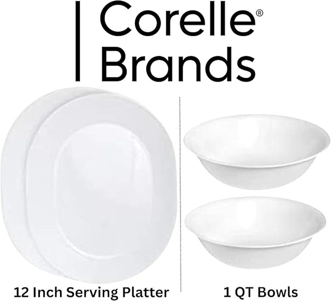Corelle 12-1/4-Inch Serving Platter, Winter Frost White - 2-Pack with 1-Quart Serving Bowl, Winter Frost White 2PK - Bundle Set of 4