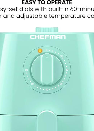 Chefman TurboFry 2-Quart Air Fryer, Dishwasher Safe Basket & Tray, Use Little to No Oil For Healthy Food, 60 Minute Timer, Fry Healthier Meals Fast, Heat And Power Indicator Light, Temp Control, Mint