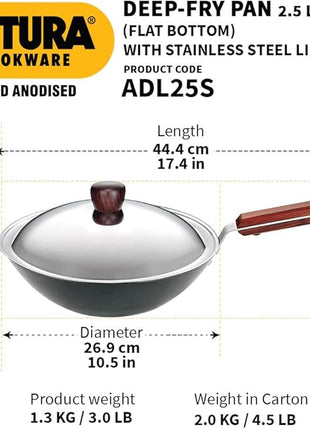 Hawkins Futura 2.5 Litre Deep Fry Pan, Long Handle Hard Anodised Kadai with Stainless Steel Lid, Flat Bottom Kadhai, Black (ADL25S)