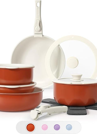 15Pcs Pots and Pans Set Non Stick, Cookware Sets with Detachable Handle, Nonstick RV Kitchen Cooking Tools Removable Handles, Oven Safe, Induction Fast, Stackable Induction Cookware, Tangerine