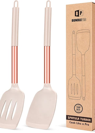 Pack of 2 Silicone Solid Turner, Non Stick Slotted Kitchen Spatulas, High Heat Resistant BPA Free Cooking Utensils, Ideal Cookware for Fish, Eggs, Pancakes(Rose Gold Khaki)