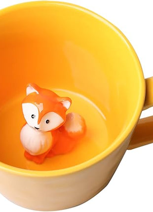 DIHOclub Fox Ceramic Cup Hidden 3D Animal Inside Mug,Cute Cartoon Handmade Figurine Mugs,Holiday and Birthday Gift for Coffee Milk Tea Lovers,12 OZ(Yellow)