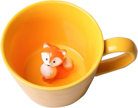 DIHOclub Fox Ceramic Cup Hidden 3D Animal Inside Mug,Cute Cartoon Handmade Figurine Mugs,Holiday and Birthday Gift for Coffee Milk Tea Lovers,12 OZ(Yellow)