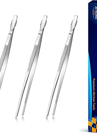 JETKONG Serving Tweezer Tongs 9-Inch Cooking Tweezers Kitchen Tweezers, Set of 3 (9 9 9 Inch, Silver)