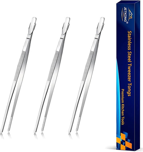 JETKONG Serving Tweezer Tongs 9-Inch Cooking Tweezers Kitchen Tweezers, Set of 3 (9 9 9 Inch, Silver)