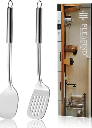 Pleafind 2-Pcs Solid & Slotted Spatula Set, 304 Stainless Steel Spatula, Metal Spatulas, Wok Utensils, Cooking Utensils, Wok Spatulas for Home, Kitchen and Restaurant, Dishwasher Safe