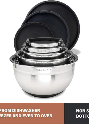 Bellemain Stainless Steel Non-Slip Mixing Bowls with Lids (5 Piece, Silver/Black)