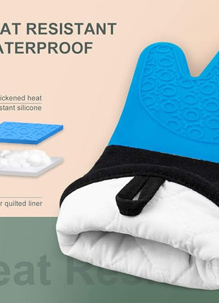 sungwoo Extra Long Silicone Oven Mitts, Heat Resistant Oven Gloves with Quilted Liner Non-Slip Textured Grip Perfect for BBQ, Baking, Cooking and Grilling - 1 Pair 14.6 Inch Blue & Black