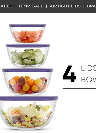 JoyJolt Kitchen Mixing Bowls - 8pc Glass Bowls with Lids Set Neat Nesting - Large Mixing Bowl Set, Batter Bowl, Salad Bowl with BPA-Free Lid