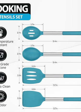 Pack of 4 Large Silicone Cooking Spatulas and Spoons, Slotted and Solid Stainless Steel Cooking Utensils Set, Non-stick Heat Resistant Kitchen for Baking, Fried, Stir-Fry, Mixing, Serving (Blue)