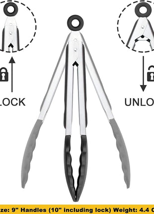 9-Inch Serving Tongs Silicone Tongs, Set of 3 (Black White Gray)