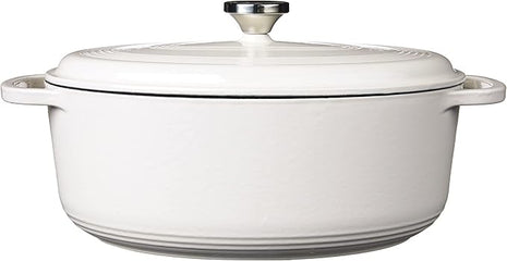 Lodge 7 Quart Enameled Cast Iron Oval Dutch Oven with Lid – Dual Handles – Oven Safe up to 500° F or on Stovetop - Use to Marinate, Cook, Bake, Refrigerate and Serve – Oyster White