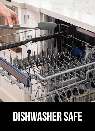 GORILLA GRIP Stainless Steel Heat Resistant Kitchen Tongs for Cooking, Set of 2 BBQ Tong, Non Scratch Silicone Tip for Pans, Strong Grip, Grab Food, Toss Salad, Air Fryer, Pull Lock, 7 + 9 Inch, Gray