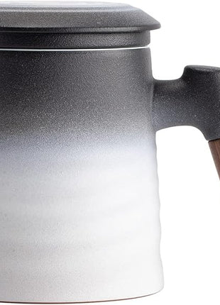 ZENS Tea Cup with Infuser and Lid, Wood Handle Loose Steeper Mug, 12 Ounces Matte Gradient Embossed Ceramic Stainer Mug for Tea Gifts, Black & White