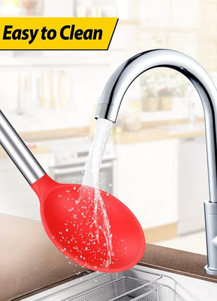 Pack of 2 Large Silicone Cooking Spoon Non Stick Solid Basting Spoons Heat-Resistant Kitchen Utensils for Mixing Serving (Black-Red)