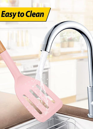 Pack of 2 Silicone Cooking Spatula, Heat Resistant Solid Turner, Non Stick Slotted Spatulas with Wooden Short Handle,Ideal Wood Kitchen Utensils Set for Frying, Baking, Flipping, Turning