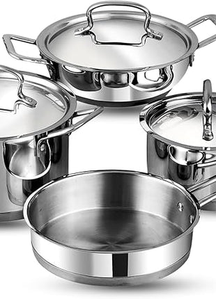 Vinod Classic Deluxe Stainless Steel Cookware Combo Set of 4 Pcs/Saucepan, Saucepot, Kadai and Frypan/Deep Kadhai for Cooking/Heavy Induction Bottom