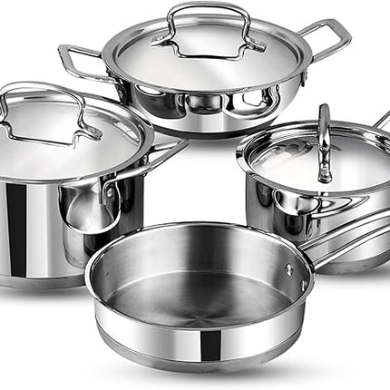 Vinod Classic Deluxe Stainless Steel Cookware Combo Set of 4 Pcs/Saucepan, Saucepot, Kadai and Frypan/Deep Kadhai for Cooking/Heavy Induction Bottom