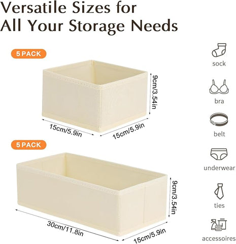 DIMJ Drawer Organizers Clothes, Set of 10 Dresser Organizer Bins, Fabric Closet Organizers and Storage, Shallow Drawer Dividers for Nursery, Clothing, Baby Clothes, Socks, Underwears, Tie (Beige)