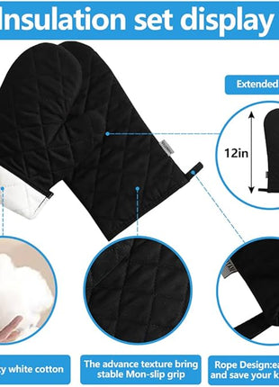Oven Mitts and Pot Holders 4 pcs Set,High Heat Resistant 500 Degree Extra Thicken Long Kitchen Cotton Oven Glove for Cooking (12 Inch,Black)