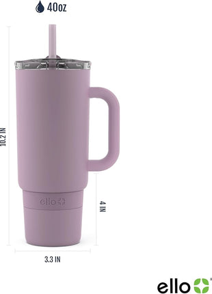 Ello Port 40oz Tumbler with Carry Loop & Integrated Handle, Vacuum Insulated Stainless Steel Reusable Water Bottle, Travel Mug with Leak Proof Lid and Straw, Perfect for Iced Coffee and Tea, Mauve