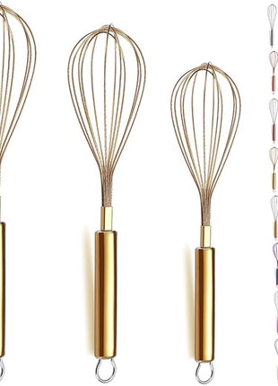 Berglander Gold Whisk Pack of 3 Stainless Steel 8",10",12", Titianium Plating Whisks for Cooking, Beater,Wire Whisk Set Kitchen Wisk (Gold)