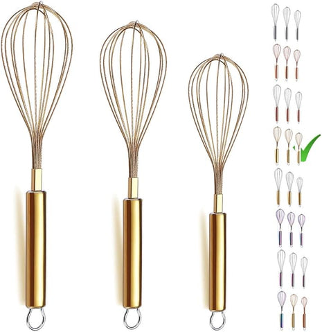 Berglander Gold Whisk Pack of 3 Stainless Steel 8",10",12", Titianium Plating Whisks for Cooking, Beater,Wire Whisk Set Kitchen Wisk (Gold)