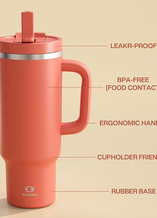 ENCOOL 40 oz Tumbler with Handle and Straw: Stainless Steel Insulated Tumbler Keeps Cold for 24 Hours, Leakproof Travel Cup Fits in Cup Holder and BPA-Free,Tawny Orange