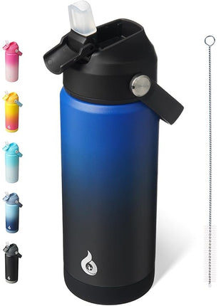 BJPKPK Insulated Water Bottle with Straw Lid, 18oz Thermo Water Bottles, Flex Handle & Non-slip Boot, BPA Free Leak Proof Stainless Steel Metal Thermo, Tumblers, Cups,Black Blue