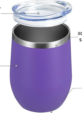 MEWAY 12oz/4 Pack Wine Tumbler Glasses with Lid - Stemless Double Wall Vacuum Stainless Steel Travel Tumbler - Keeping Cold & Hot for Wine,Coffee,Cocktails,Drinks-Family and Gifts (Purple,Set of 4)