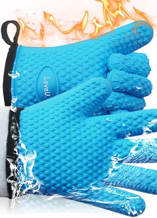 Kitchen Oven Gloves - Dual-Layer Heat Resistant Grilling Gloves, Silicone Oven Mitts with 5 Fingers, Waterproof Non-Slip Pot Holder for Barbecue, Cooking, Baking (XL-XXXL, Blue)