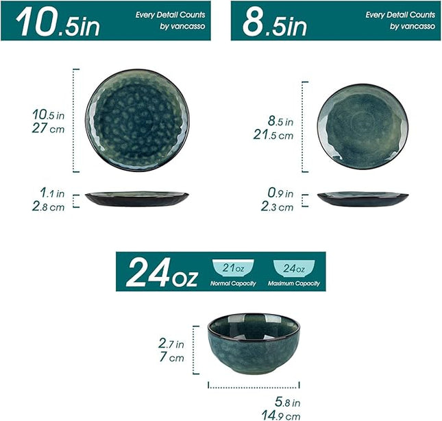 vancasso Starry Dinnerware Set for 4, Handmade Reactive Glaze Stoneware 12 Pieces Plates and Bowls Sets, Dishwasher and Microwave Safe Dish Set, Green