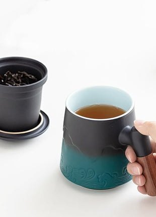 ZENS Tea Cup With Infuser and Lid for Loose Leaf Steeper, 15.2 oz Embossed Ceramic Mug With Fine Strainers, Wood Handle Large Diffusers, Accessories for Tea Lovers Gifts